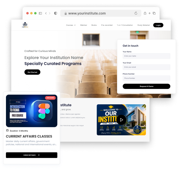 Whitelabel on domain website displaying cards of the hero section, lead form and 
course details.